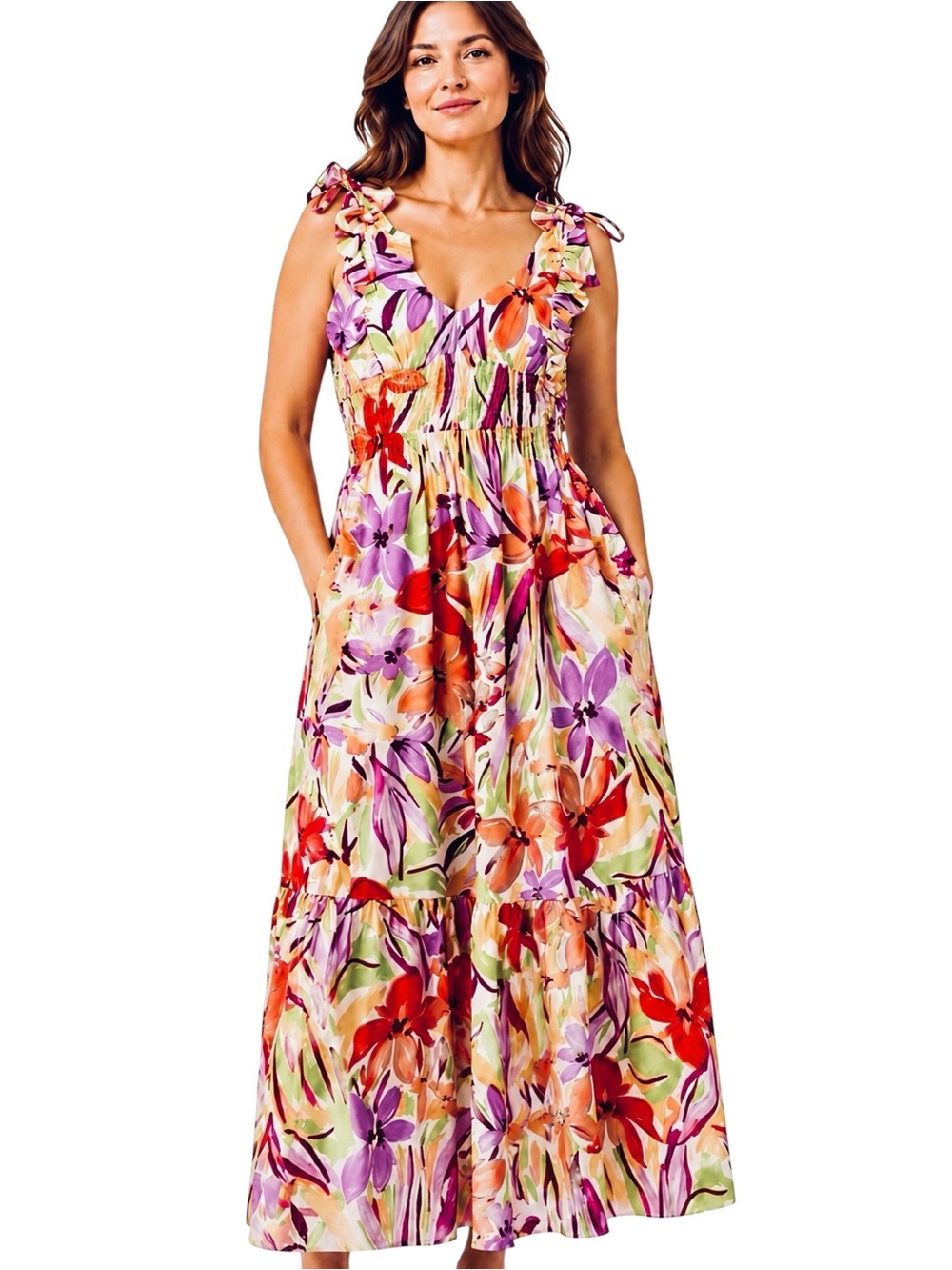 Maggie London Destiny Bungalow Blooms Sleeveless Ruffles Maxi Ruffle Hem Dress